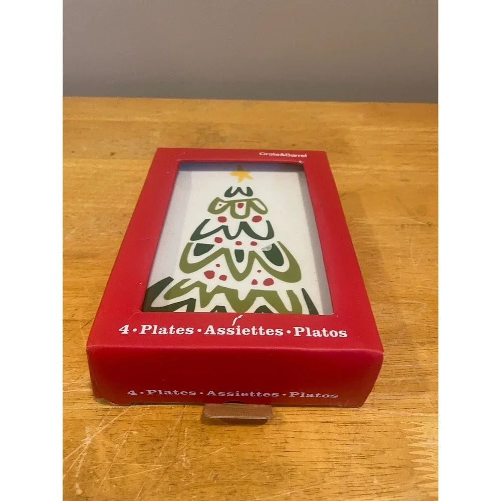 CRATE & BARREL Set Of 4 Christmas Jolly Trees APPETIZER PLATES By Jane Dixon NEW